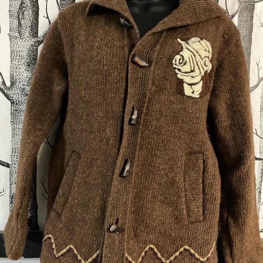 100% wool Brown sweater Jacket with Embroidered cow Design
